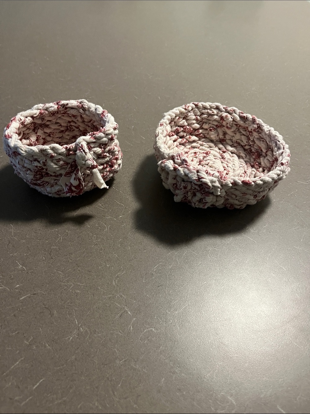 Two hand made twisted rope trinket baskets 5-8”